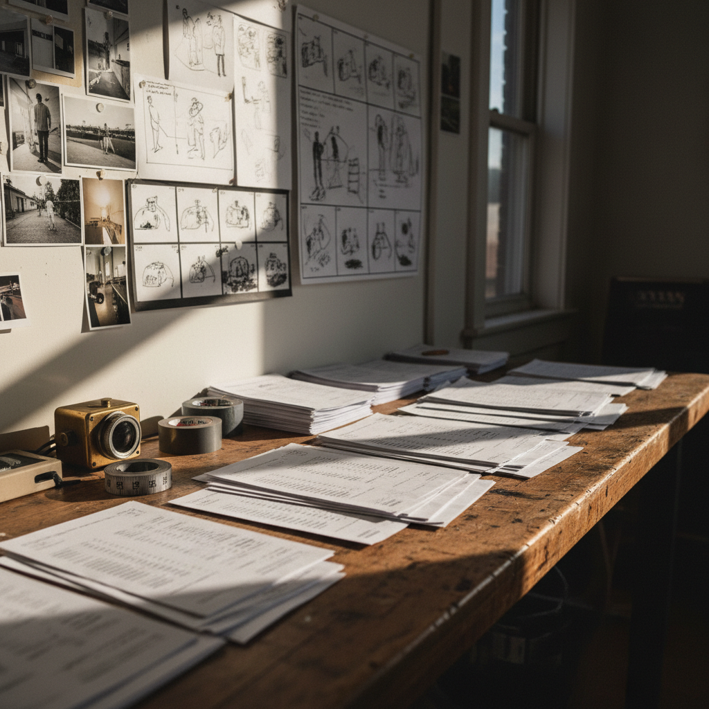 A narrow, cluttered but curated independent film workspace, with a weathered wooden worktable covered in neatly stacked printed shot lists, a metal tape measure, gaffer tape rolls, and a vintage light meter. On the wall above, a grid of carefully pinned storyboard frames and monochrome location stills forms a restrained collage. Soft afternoon light filters through a high window, casting long, delicate shadows across the table and giving a warm edge to the papers’ slightly rough texture. Photographic realism, captured from an oblique angle at desk height, using a shallow depth of field that keeps the foreground documents sharp while the wall of images dissolves into a gentle blur. The atmosphere is thoughtful, meticulous, and quietly ambitious, evoking a director’s planning sanctuary.