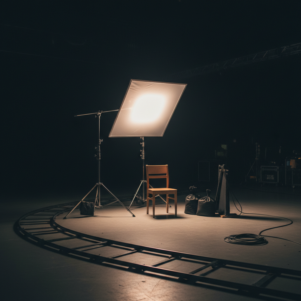 A moody behind-the-scenes corner of a soundstage where a single adjustable C-stand holds a diffusion frame in front of a modern LED panel, creating a pool of soft, sculpted light on a simple, unadorned chair placed for camera tests. Around it, a dolly track segment, sandbags, and a folded black flag rest on the smooth concrete floor, their textures clearly defined. The rest of the stage recedes into deep shadow, barely suggesting other equipment. Photographic realism, shot from a low-angle perspective that emphasizes the elegant geometry of the stand and light. The lighting in-frame is controlled and directional, with subtle flares and gentle falloff, creating a sophisticated, experimental mood that captures the essence of independent film lighting tests and exploration.